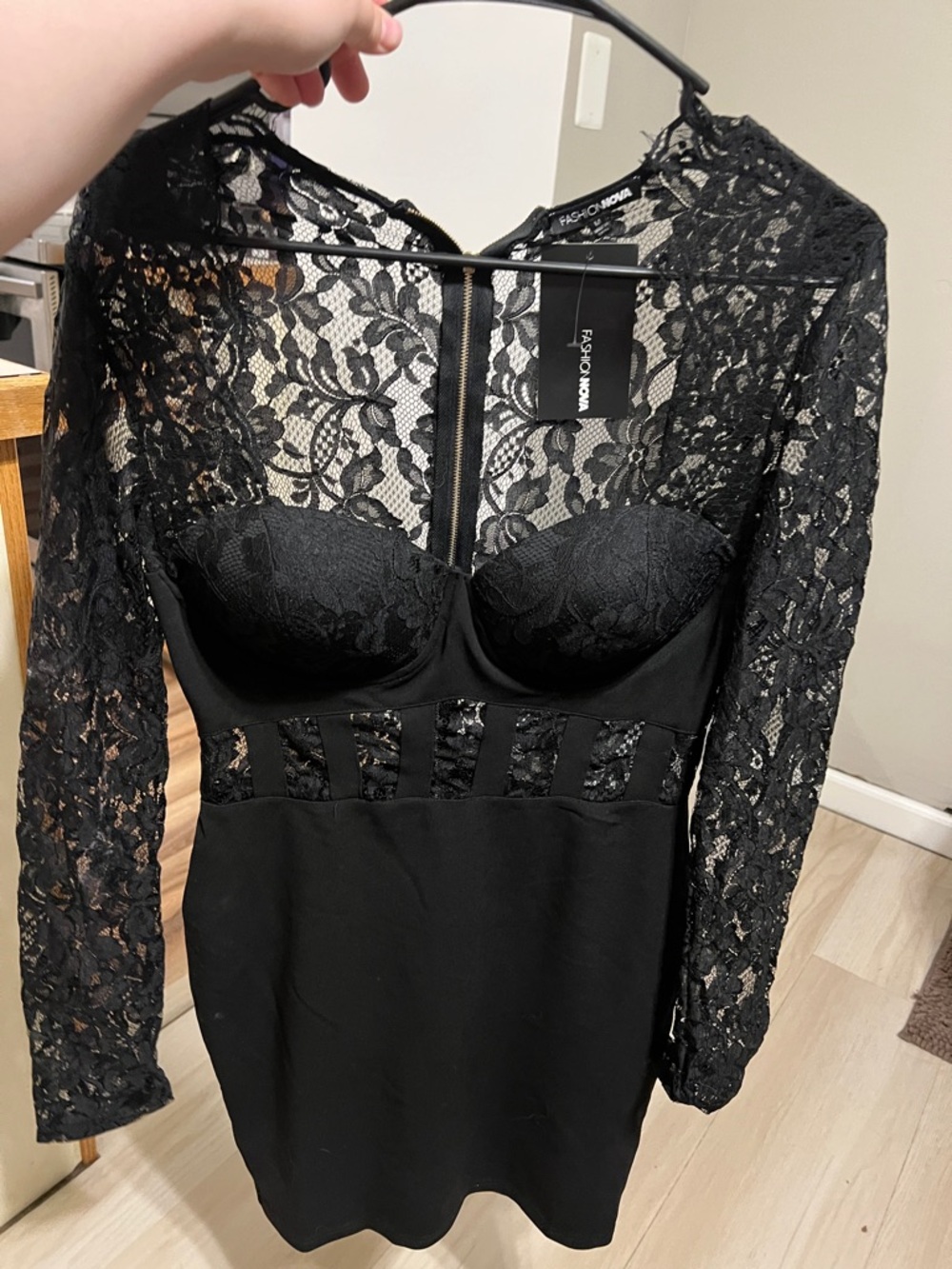 Fashion Nova Black Lace Long Sleeve Bustier Mini Dress